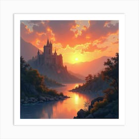 Serene Watercolor Sunset Over Glowing Castle Ruins 1 Art Print