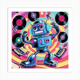 A Vibrant, Neon Lit Cartoon Style Animated Gif Featuring A Retro Futuristic Robot With Shiny Metallic Skin, Glowing Blue Circuits, And Neon Pink Accents, Busting Energetic Dance Moves (4) Art Print