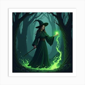 Witch Casting A Glowing Green Spell In A Darkened Forest Art Print