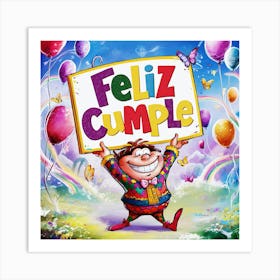 Feliz cumple and Feliz cumpleaños sign means Happy Birthday in Spanish language, Birthday party celebration gift with birthday cake candle colorful balloons best congratulation over light backgroundFeliz Cumple 14 Art Print