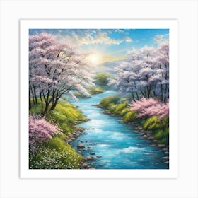 Cherry Blossoms River Art Print