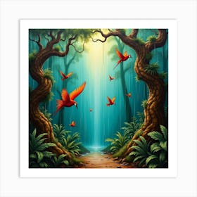 Tropical Forest With Parrots Poster