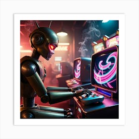 A Worn, Retro Futuristic Robot With Brass Accents And Visible Mechanical Joints Sits In A Dimly Lit, Smoke Filled Arcade, Its Glowing Red Eyes Fixed On A High Tech Video Game Console Displaying A Mesmerizing Neon Lit Virtual World (1) Art Print