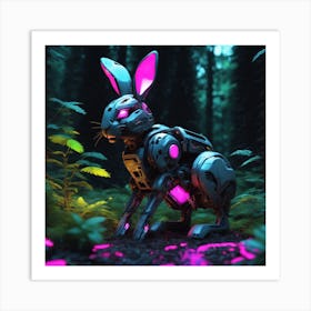 Bunny In Forest Neon Ambiance Abstract Black Oil Gear Mecha Detailed Acrylic Grunge Intricate Art Print