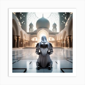 A 3d Dslr Photography Muslim Wearing Futuristic Digital Armor Suit , Praying Towards Masjid Al Haram, House Of God Award Winning Photography From The Year 8045 Art Print
