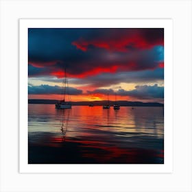 Sailboats At Sunset Art Print