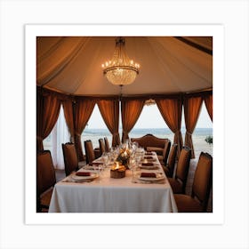 An Elegant Luxurious Tent Interior Features A Dining Table Set For A Meal With Curtains And Fireplace Creating A Cozy Atmosphere 3 Art Print