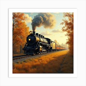 Rustic Train Traveling Through A Golden Autumn Landscape 1 Art Print