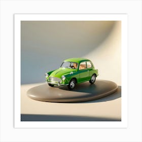 A Vibrant, Bright Green, Miniature Car, No Larger Than A Toy, Sits Atop A Smooth, Grey Asphalt (1) Art Print