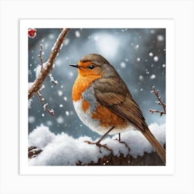 Robin In Snowy Tree Art Print