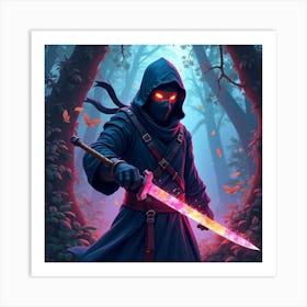 Ninja Fighter With A Watercolor Blade In A Neon Jungle 1 Art Print