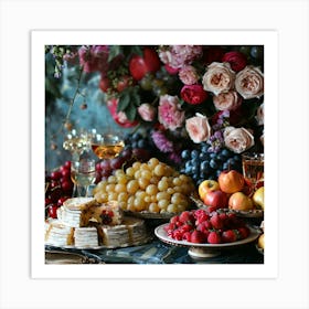 Table With Fruit And Flowers Art Print