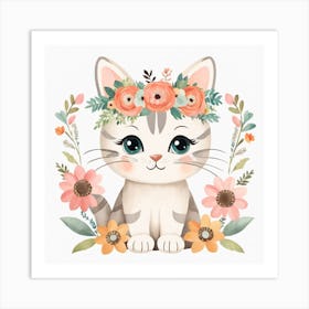 Floral Baby Cat Nursery Illustration (25) Art Print