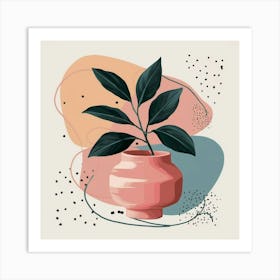 A stunning painting of a plant with dark green leaves, artistically placed in a pink ceramic vase. 3 Art Print