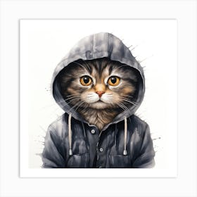 Watercolour Cartoon Cat In A Hoodie Art Print