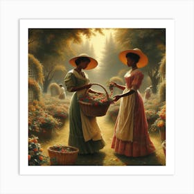 Two Women Picking Strawberries Art Print