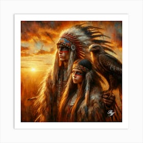 Oil Texture Native American Couple With Hawk Art Print