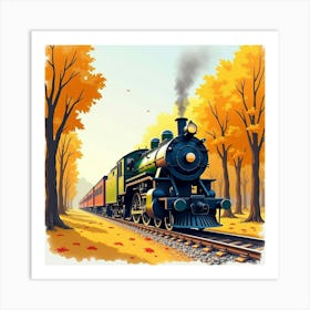 Historic Locomotive In A Watercolor Scene Of A Golden Autumn Forest 1 Art Print