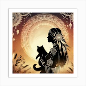 Boho art Silhouette of woman with cat 3 Art Print