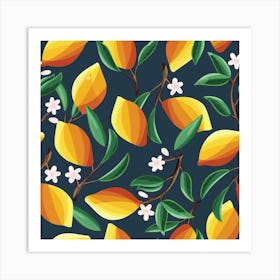 Sunny Lemon Pattern With Florals On Blue Square Art Print