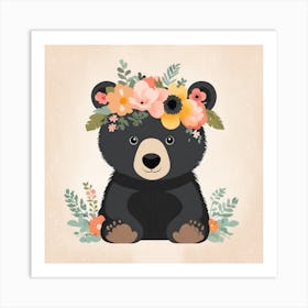Floral Baby Black Bear Nursery Illustration (20) Art Print