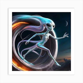 A Mesmerizing, Iridescent Alien Creature With Slender, Elongated Limbs And Large, Black, Almond Shaped Eyes Emerges From A Swirling, Shimmering Wormhole 2 Art Print