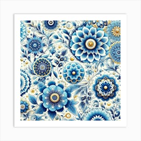 Batik, Blue  Floral Pattern  Art Print