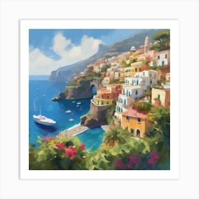 Lazy Square Impressionist Oil Painting Of The Sunny Amalfi Coast (7) Art Print