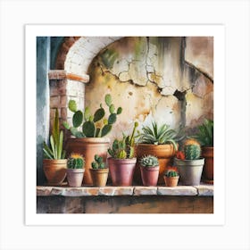 Watercolor painting of an old, weathered wall with cracked stone and peeling paint. The background features various sizes and shapes of terracotta pots on the shelf below. Each pot is filled with vibrant cacti or succulents, 2 Art Print