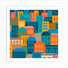 CITY LIGHTS AT NIGHT Vintage Travel Poster Square Layout with Geometric Architecture Buildings in Bright Rainbow Colours Orange Yellow Pink Green Blue Brown Cream on Dark Navy Blue Art Print