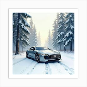 Modern Luxury Vehicle In A Serene Winter Forest, Watercolor Painting 1 Art Print