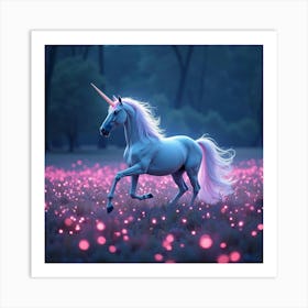 Majestic Unicorn Galloping Through A Field Of Magical, Bioluminescent Flowers 1 Art Print