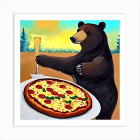 Bear Eating Pizza And Drinking Painting Art Print