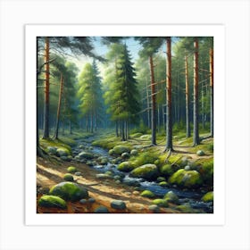 Stream In The Forest, Acrylic Painting Style 5 Art Print