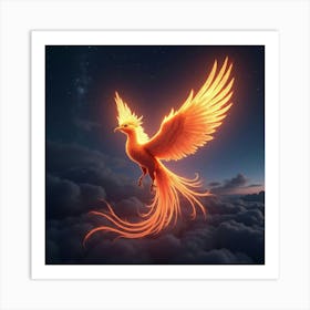 A Surreal Phoenix With Feathers Of Shimmering, Neon Fire Soaring Through A Celestial Sky Art Print