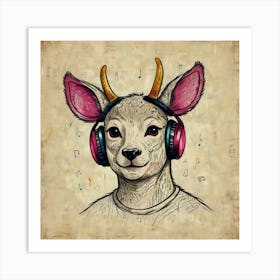 Deer With Headphones Art Print