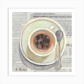 Coffee Cup On Italian Newspaper With World Map Breakfast Minimal Neutral Food Drink Kitchen Farmhouse Decor Art Print