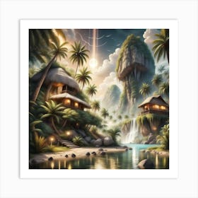 Tropical Landscape With Palm Trees And Waterfall Art Print