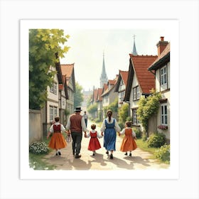 Romanian Families Celebrating In English Historical Neighborhoods, Watercolor 1 Art Print