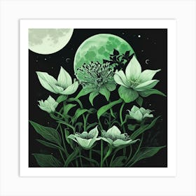 Green Flowers In The Moonlight Art Print