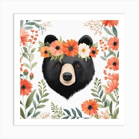Floral Baby Black Bear Nursery Illustration (31) Art Print
