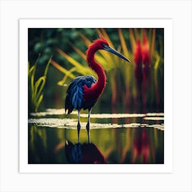 Long Necked Red and Blue Bird in Tropical Lagoon Art Print
