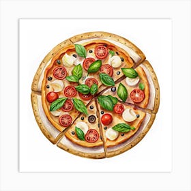 Watercolor Illustration Of A Pizza With Tomato, Mozzarella, Olives And Basil Art Print