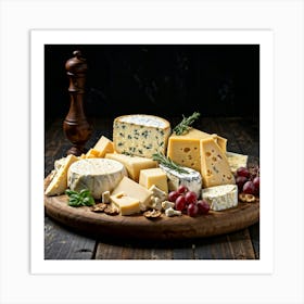 Cheddar Gouda Brie Camembert Parmesan And Mozzarella Positioned Artistically On A Rustic Wooden Art Print