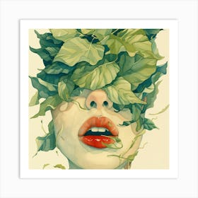 Woman With Leaves On Her Face Art Print