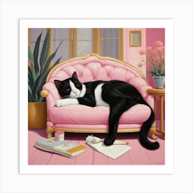 Default Cat Nap Tuxedo Cat Napping In Pink Interior Art 3 Art Print