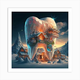 , a house in the shape of giant teeth made of crystal with neon lights and various flowers 11 Art Print