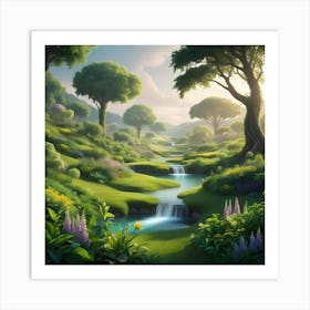 A Serene, Idyllic Landscape Of A Post Human World, Teeming With Vibrant, Emerald Green Foliage, (4) Art Print