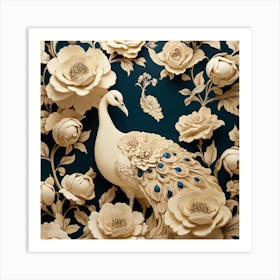 Cream Vintage Floral Peacock Wallpaper Art Print 2 Art Print