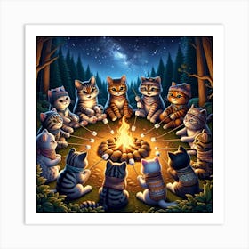 Cats Around A Campfire Art Print